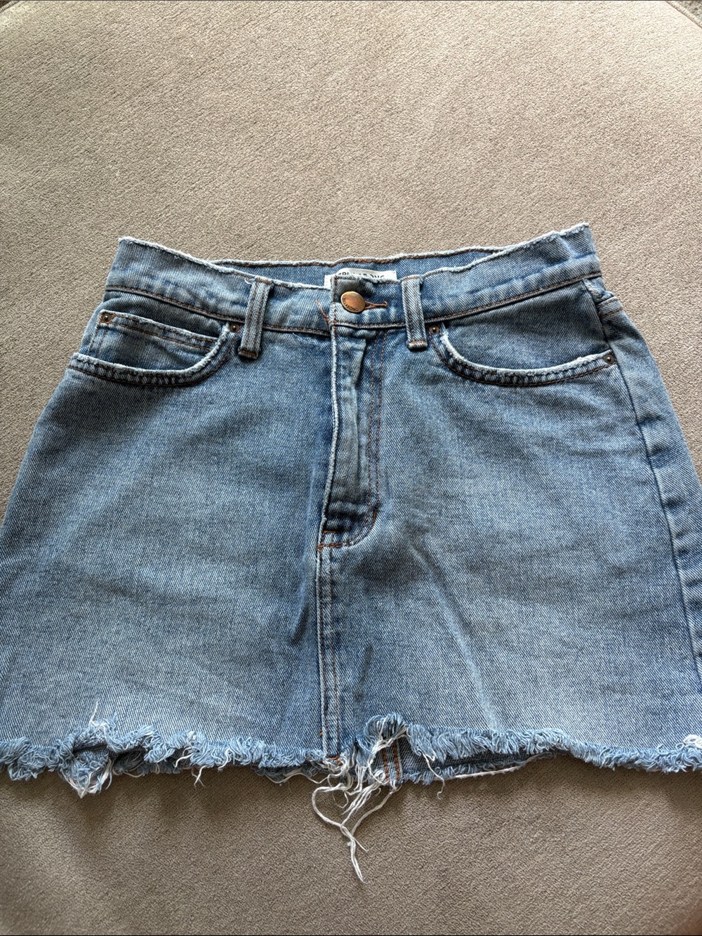 Light Wash Billabong Denim Mini Skirt with Frayed Hem